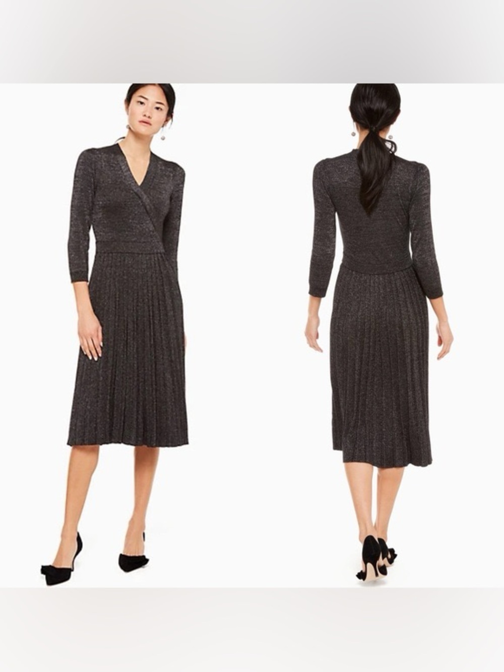 Kate Spade Metallic Black Wrap Pleated Midi Dress